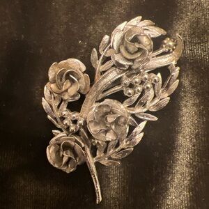 Coro Silver Tone Floral Bouquet Brooch-Roses,Berries,Leaves